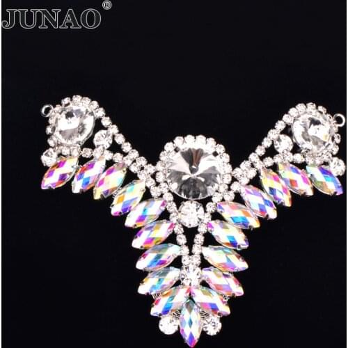 JUNAO 80*100mm Sewing Silver AB Crystal Glass Rhinestone Flower Crystal Strass Buckle Flat Back Stones Appliques for Decoration