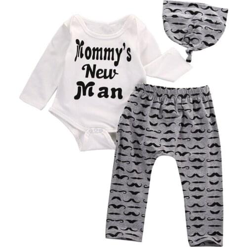 3PCS Set Kids Toddler Infant Newborn Baby Boy Romper Tops Long Pants Hat Outfits Casual Clothes 0-18M