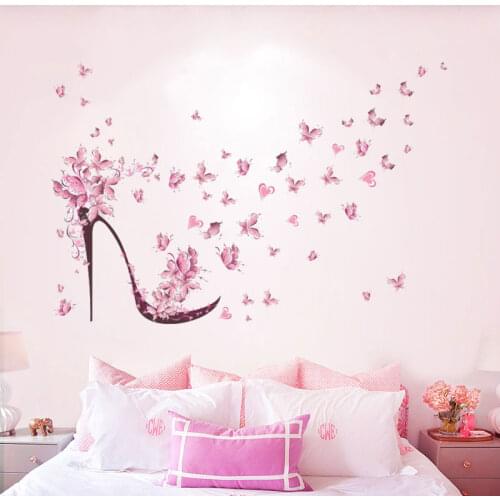 Creative high-heeled Shoes Flying Butterflies Flowers Wall Stickers Home Decor Living Room Diy 45*60cm Wall Decals Pvc Mural Art