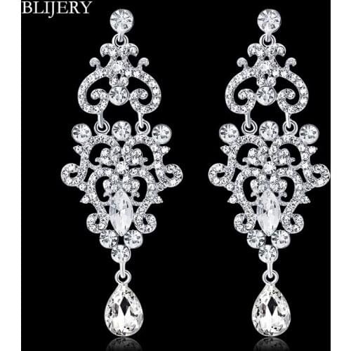 BLIJERY Silver Color Crystal Chandelier Long Earrings For Women Bridal Dangle Drop Earrings Wedding Engagement Jewelry Gifts