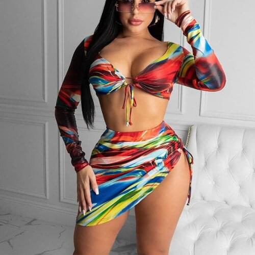 Long Sleeve 3 Piece Swimsuit Women Bikini Set Cover Up Skirt Bathing Suit Beachwear Bandeau Swimwear Female Swim Wear Monokini