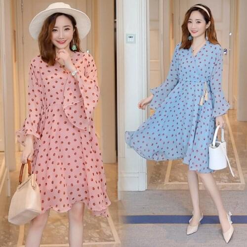 Summer Cute Nursing Knee Length Dresses Pokla Dot V-neck Maternity Dresses Long Bell Sleeve Pregnant Breastfeeding Vestidos