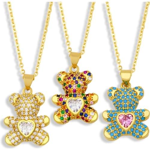 Copper Love Bear Necklace For Women Simple Pendant Inlaid Colored Zircon Sweater Chain Jewelry