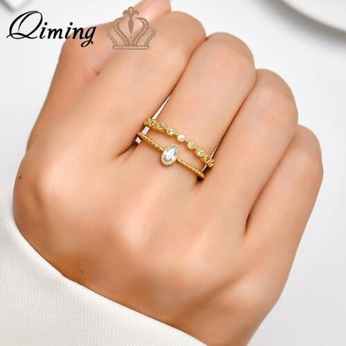 QIMING Minimal Crystal Stone Minimalist Rings For Women Stackable Finger Ring Accessories Gold Fashion Jewelry Gift For Girls