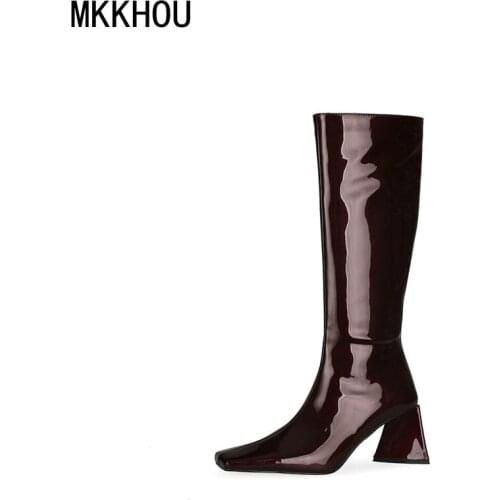 MKKHOU Fashion Knee-Length Womens Boots New Winter Boots Patent Leather Flat Triangle Heel 7.5cm High Heel Ladies Modern Boots