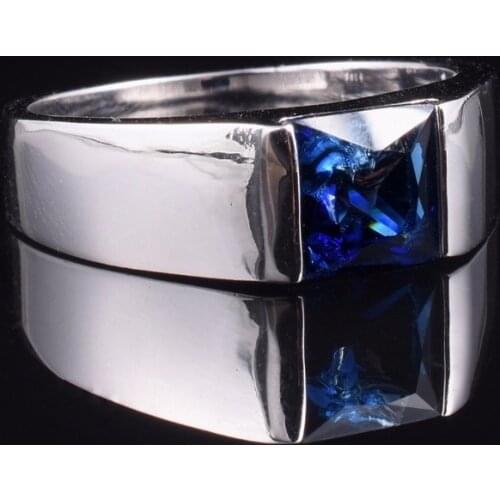 Mens Eternity 925 Sterling Silver Square natural Blue Sapphire Stone Solitaire Ring Size 8-12
