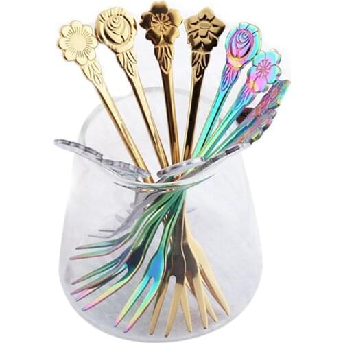 4pcs Flower shape Two-tine Fork Stainless Steel Fruit Fork Set Dessert Forks cake-fork Tableware Home Flatware