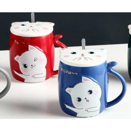 New Embossed Cat Ceramic Mug Creative Colored Glazed Mug Cartoon Coffee Mug Cute Student Couple Gift Mug Coffee Mug with Lid