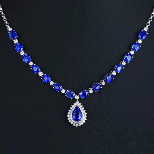 Luxury Silver Color Royal Blue Gems Necklace Water Drop Crystal Necklace Brida Necklace Wedding Jewelry Party Lovers Gifts