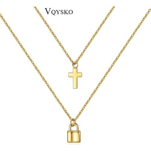 Fashion Cross Charm Choker Gold Women Gift Necklace Set Stainless Steel Double Chain Lock Pendants Necklaces For Girls Jewelry