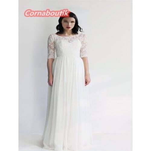 Chiffon Wedding Dress COR-012 Strapless Removable Lace Top Half Length Sleeves Wide Scooped Neck Bridal Gowns