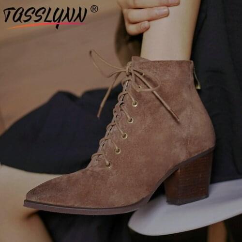 TASSLYNN 2020 Winter Boots Women Faux Suede Women Ankle Boots Round Toe Zip Hoof Heels Women Shoes Short Plush High Heel Boots