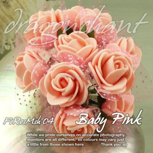 High quality 2-2.5cm Head144pcs/lot Solid Pink Color Artificial Rose Foam Flower Bouquet With Organza For Wedding Decoration