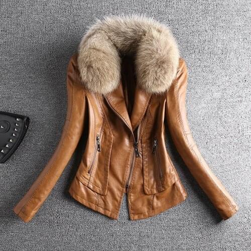 2020 Spring Autumn Womens New Motorcycle Leather Short Women Leather Jacket Raccoon Fur Coat Woman Lady Clothing