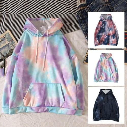 Women Casual Dye Printed Long Sleeve Drawstring Oversize Hoodies Sweatshirt Tops with Pockets