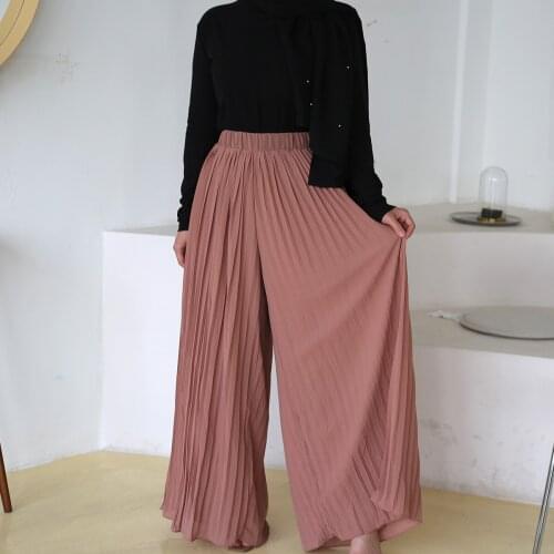 Chiffon Boho Female European Style Wide Leg Pants Loose Pleated Women Length Pant Elastic Waist Trousers Plus Size