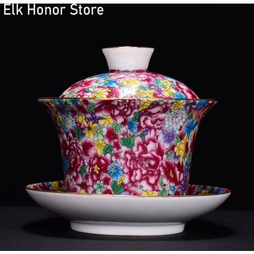 240ml Ceramic Life Enamel Color Covered Sancai Tureen Handmade Tea Bowl Wanhua Porcelain Tea Making Bowl Ceramic Covered Bowl