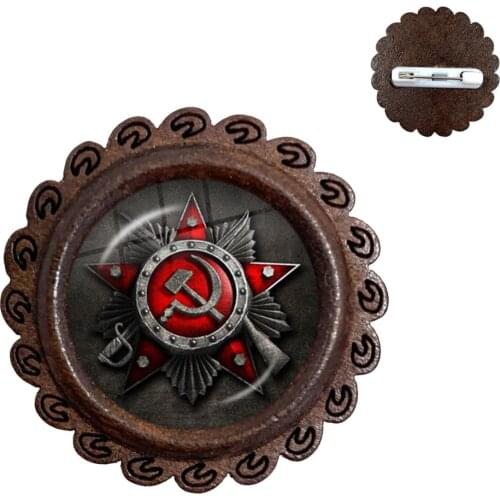 CCCP USSR Soviet Army Red Star Wood Brooches 20mm Glass Cabochon Art Round Russian Badges LOGO Collar Pins Jewelry For Friends