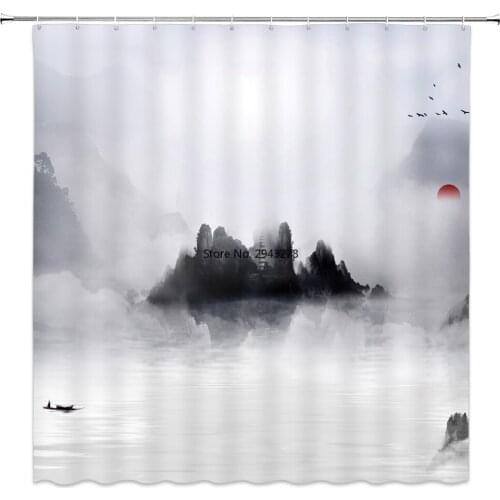 Eco-friendly Chinese Style Scenery Women Shower Curtains Waterproof Polyester Fabric Bath Curtain for Bathroom with 12 Hooks Hom
