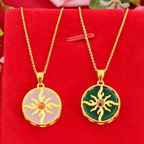 FYJS Unique Light Yellow Gold Color Flame Green and White Agates Pendant Necklace Link Chain Jewelry