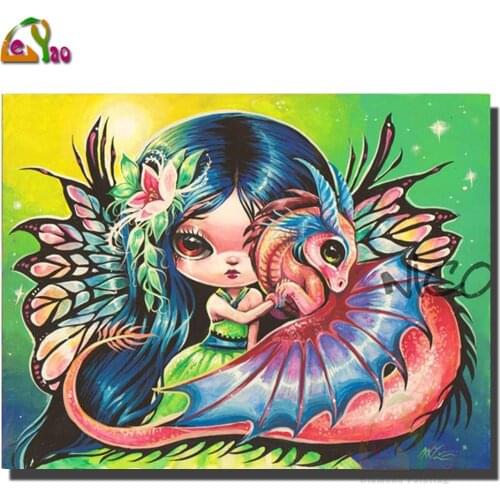 Full Square Diamond Painting Cartoon Girl Dragon Fairy Mosaic Needlework Picture Diamond Embroidery Round Drill Home Decor