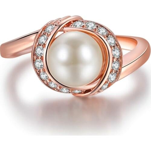 Double Fair Classic Simulated Pearl Wedding Engagement Rings For Women Rose Gold Color Zircon Finger Ring Jewelry DFR670