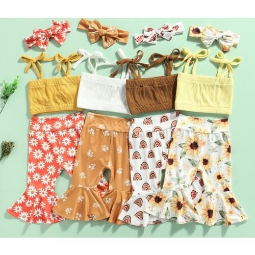 0-24M Newborn Baby Girls Clothes Sets 3pcs Strapless Solid Vest Tops Rainbow/Floral Printed Flare Pants Headband