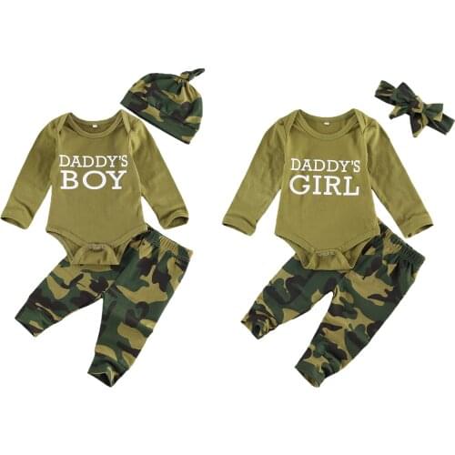 Newborn Boys Clothes Sets Camouflage Letter Print Long Sleeve Romper Pants Headband/Hats