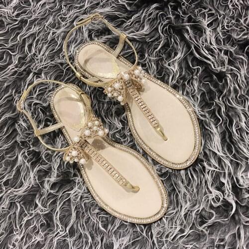 Summer Sandal Flip Flops Bowtie Gladiator Sandals Pearl Shoes Woman Slip On Flats Casual Women Shoes