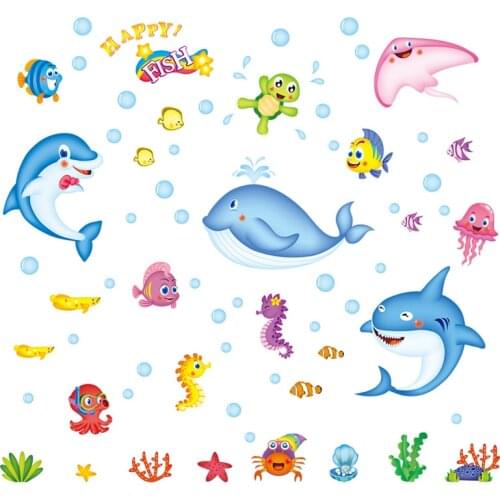 Cartoon Marine animals wall sticker for kids rooms bedroom background home decals decoration lovely animal nursery stickers