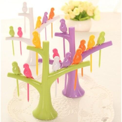 1SET Tableware Flatware Sets Creative Tree+Birds Design Plastic Fruit Forks 1 Stand+6 Forks Hot Sale Vegetable Fork KX 017