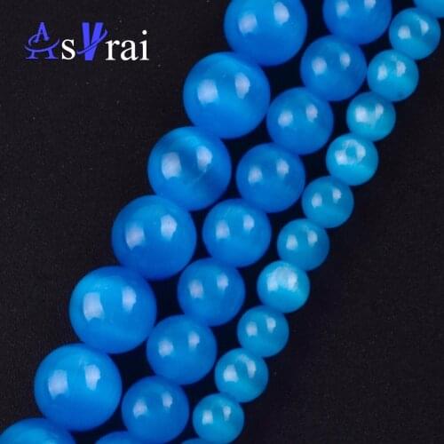 Natural Lake Blue Cat Eye Opal Stone Beads Accessories 6mm-12mm Round Loose Beads for Jewelry Making Women Bracelet Necklace