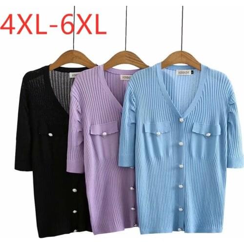 New 2021 Ladies Summer Plus Size Knit Tops For Women Large Pullover Short Sleeve Slim Elastic Blue V-neck Shirt 4XL 5XL 6XL
