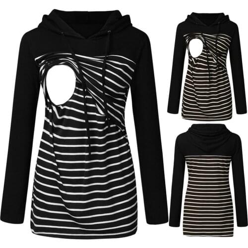 Maternity Wear New Striped Hooded Long Sleeve Color Splicing Pocket Zipper Comfortable Breastfeeding Pregnant Fashion Sweater