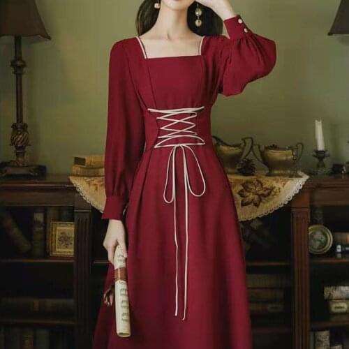 HOUZHOU Women Dress Elegant Vintage Long Sleeve Midi Dresses Red Bandage French Style Square Collar Spring Autumn Party Outfits