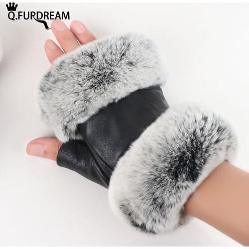 Q.FURDREAM Winter Clothing Accessory Mitten Natural Rex Rabbit Fur Fashion Winter Warm Thick Luxury Rabbit Fur Leather Glove