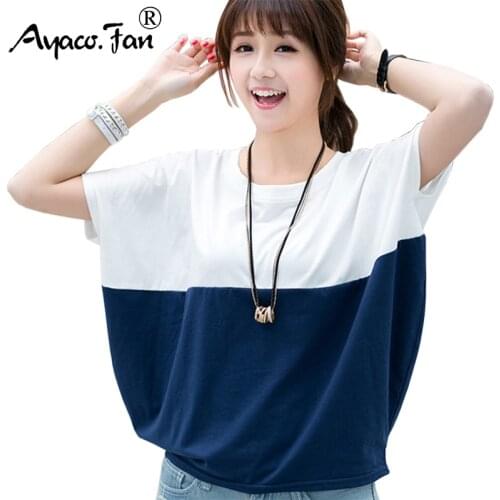 Plus Size Women Batwing T-Shirts Summer New O-Neck Patchwork Loose T-Shirt Casual Lady Girls Student Tops Short Sleeve Tees