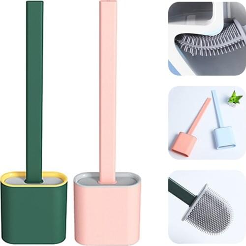 Silicone Toilet Brush Flat Head Flexible Soft Bristles Brush Silicone Flex Toilet Brush with Holder Long Handle Cleaning Brushes