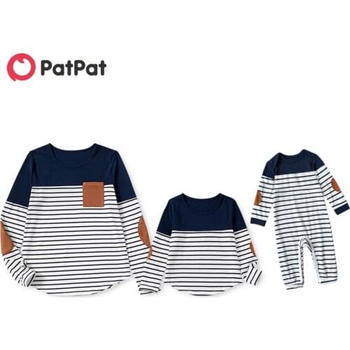 PatPat Mommy and Me V-neck Stripes Dark Blue/white long sleeve Matching Tops