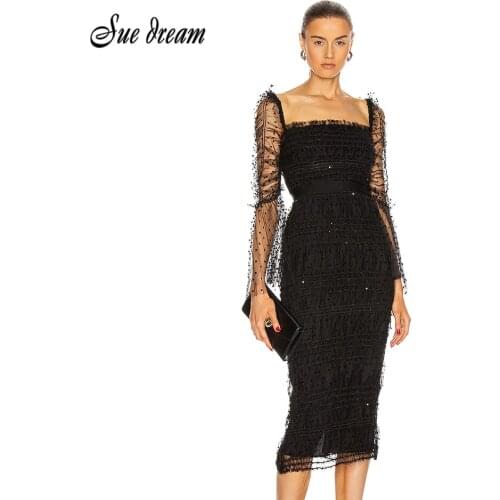 Vintage Square Neck Lace Long Sleeve Bodycon Bandage Dress Sexy Pleated Backless Midi Celebrity Club Party Dress Vestido