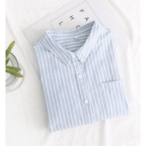 Voukey shirts New womens loose casual thin pure cotton striped shirts