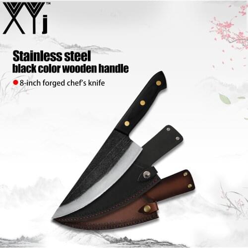 XYj 8 Inch Kitchen Chef Knife Tool Stainless Steel Meat Cleaver Slicing Cutting Shredding Tool With Leather Sheath Multiple Use