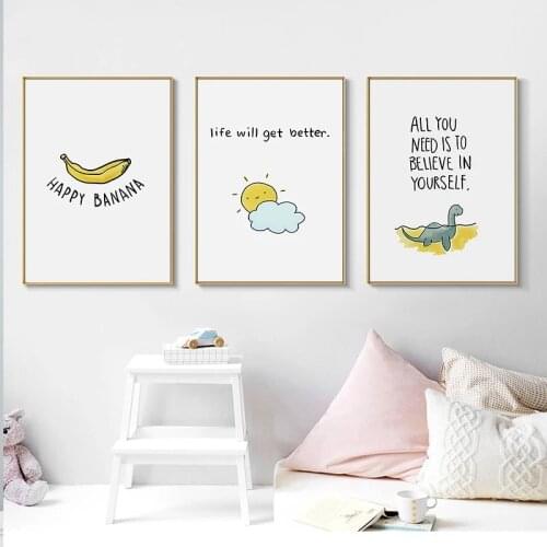Yellow Balloon Ladder Star Dinosaur Cartoon Children Poster Nordic Art Canvas Print Mural Home Children Room Decoration Picture
