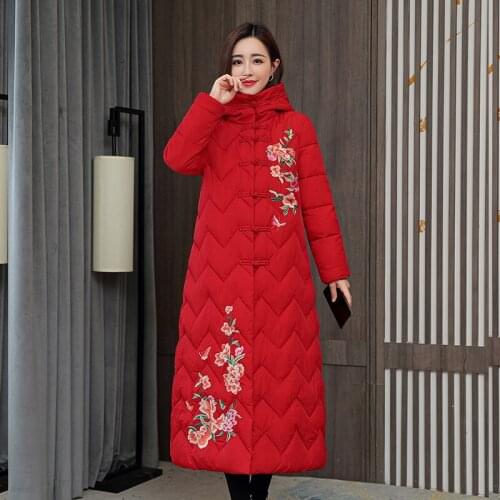 Women Elegant Flower Embroidery Winter Jacket New Ladies Red Parkas Long Padding Coats Windproof Warm Female Thicken Outerwear