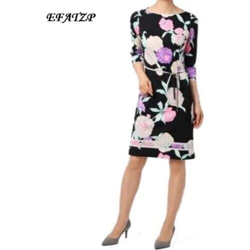 New 2017 Spring Summer Fashion Designer Brand Dress Womens 3/4 Sleeves Black flowers Print XXL Stretch Jersey Silk Day Dress
