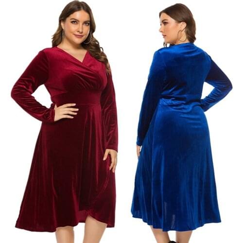 2021 Autumn Womens Dress New Sexy V-neck Long-Sleeved Gold Velvet Black Long Skirt Party Dress Velvet Plus Size 5xl Dress