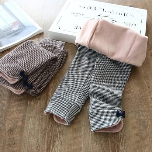 Girls Winter Velvet Plaid Trousers Baby Kids Soft Thick Thermal Pants Children Winter Flannel Cotton Bow Spliced Trousers B222