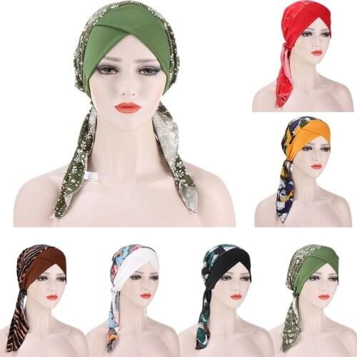 2021 Fashion Printed Flowers Women Inner Hijabs Cap Muslim Head Scarf Turban Bonnet Ready to Wear Ladies Wrap Under Hijab Caps