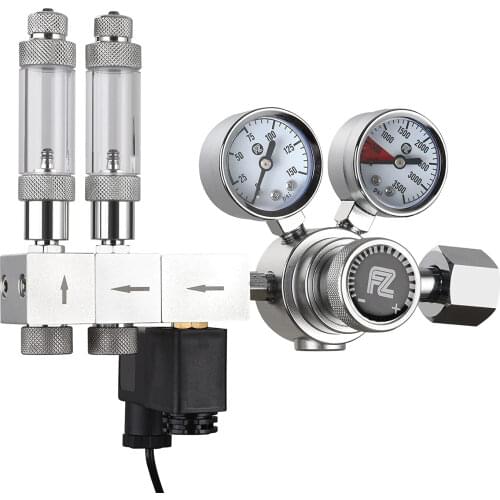 FZONE Pro Series Aquarium Dual Stage CO2 Regulator Adjustable Output Pressure with DC Solenoid and Expendable Manifold