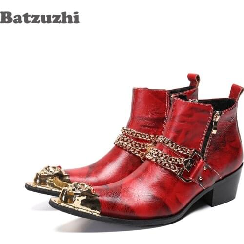 Batzuzhi Western Cowboy Mens Boots Red Leather Ankle Boots Pointed Toe 6.5cm Red Party and Wedding Dress Boots Botas Hombre